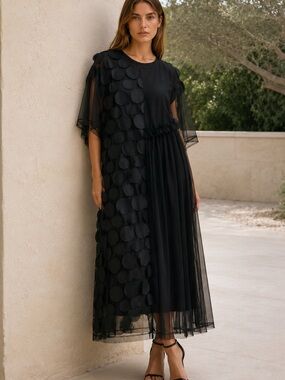 Ji Ji Jia NWT Black Tulle Appliqué Statement Party Dress With Asymmetric Overlay
